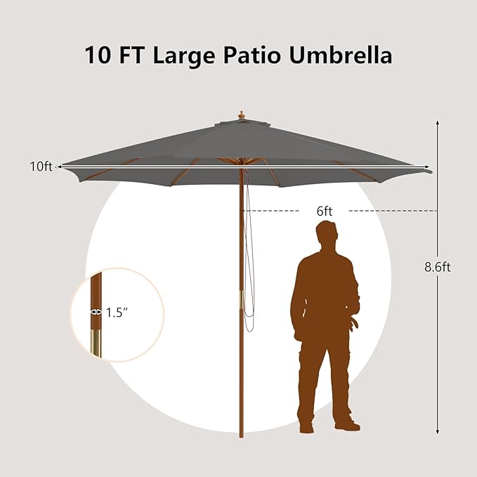 HAPPYGRILL 10 FT Wooden Patio Umbrella with Rope Pulley Lift, 8 Bamboo Ribs, 3 Adjustable Heights, Vented Roof, Outdoor Table Umbrella for Garden Poolside Backyard (Grey)