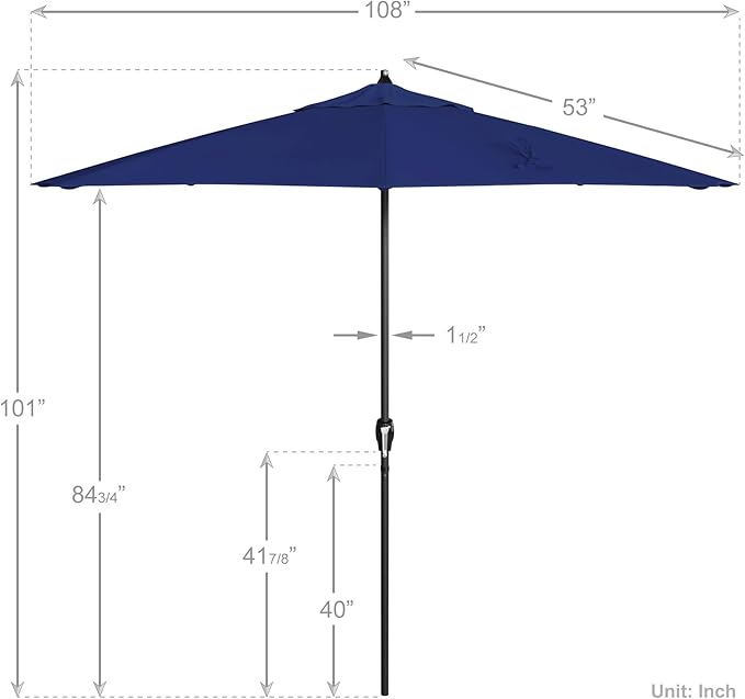 California Umbrella 12-Year Protection 9' Rd Aluminum Patio Umbrella, Crank Lift, Auto Tilt, Black Finish, Sunbrella True Blue