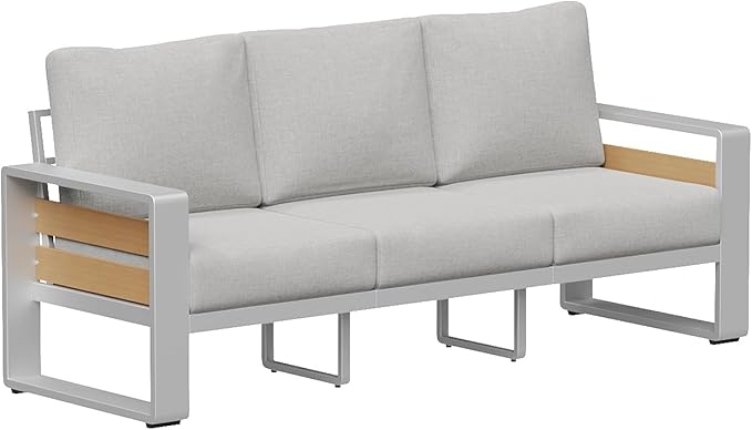 Aoxun Aluminum Outdoor Patio Furniture Set, 3 Seats Metal Sectional Patio Furniture, Modern Outside Sectional Set for Backyard, 3-Seat Sofa ×1, Silver & Light Grey