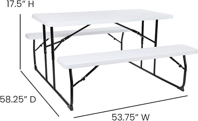 Flash Furniture Insta-Fold Picnic Table - White Wood Grain Folding Picnic Table Bench Set for Adults - 4.5 Foot Folding Table
