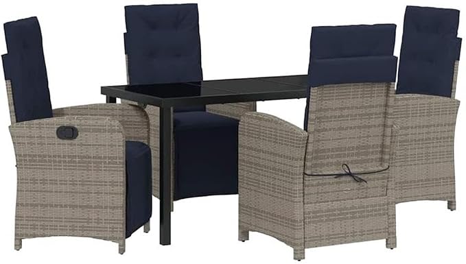 Afuera Living 5 Piece Poly Rattan Garden Dining Set, Gray Finish, Glass-Topped Table, Cushioned Seats, Adjustable Backrests, Steel Frames, Modern Patio Furniture for Outdoor Dining and Relaxation
