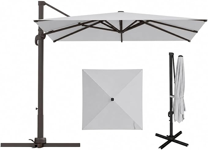 9x9 FT Square Cantilever Umbrella,Easy Tilt, Fade Resistant & 360° Rotation, Offset for Pool Deck Backyard Patiolight gray (Base not Included)