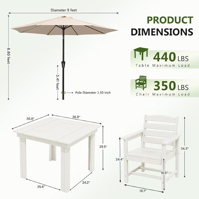 KINGYES HDPE Outdoor Dining Set for 4 with Umbrella, 6-Piece Square Patio Table & Armchairs, All-Weather for Backyard, Garden, Lawn & Poolside, White