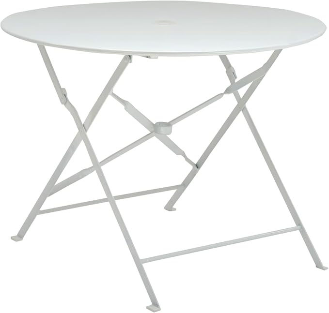 Carolina Chair & Table Round Folding Outdoor Bistro Table with 2" Umbrella Hole - Space Saving Fold Flat Design, Powder Coated Steel Patio Dining Table - Weather Resistant Garden Furniture(White,36")