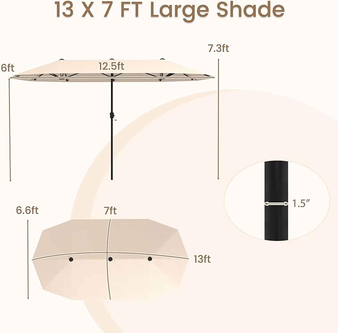 Tangkula 13 FT Large Patio Umbrella, Outdoor Double-Sided Table Market Umbrella w/Crank Handle, 12 Heavy-Duty Ribs, Sun-Protective Rectangular Twin Parasol for Garden Deck Lawn Poolside (Beige)