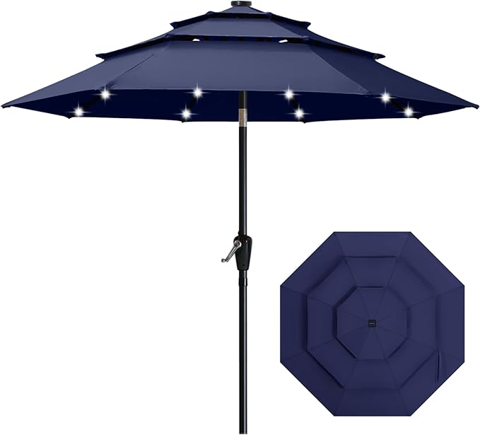 ABCCANOPY 10FT Solar Led Patio Umbrella 3-Tiers(Navy Blue)