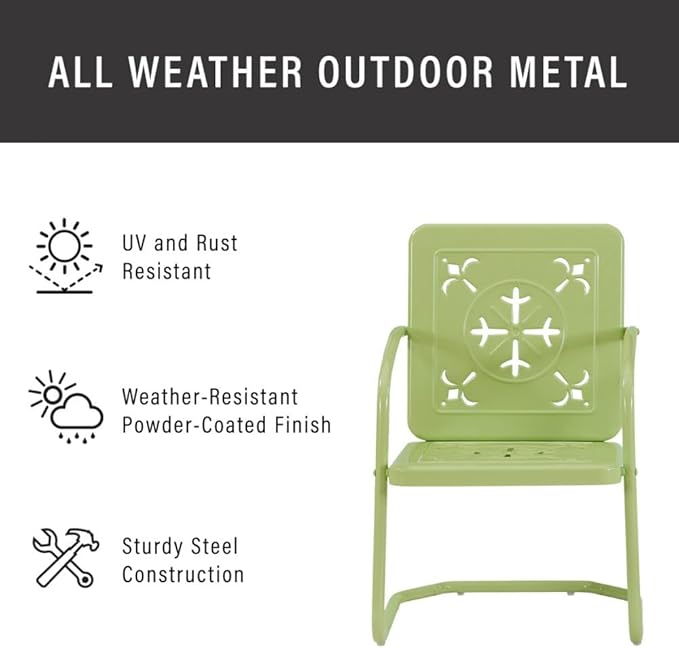 Crosley Furniture Azalea 3-Piece Vintage Outdoor Chair and Side Table Set, Retro Metal Patio Conversation Sets, Key Lime Gloss