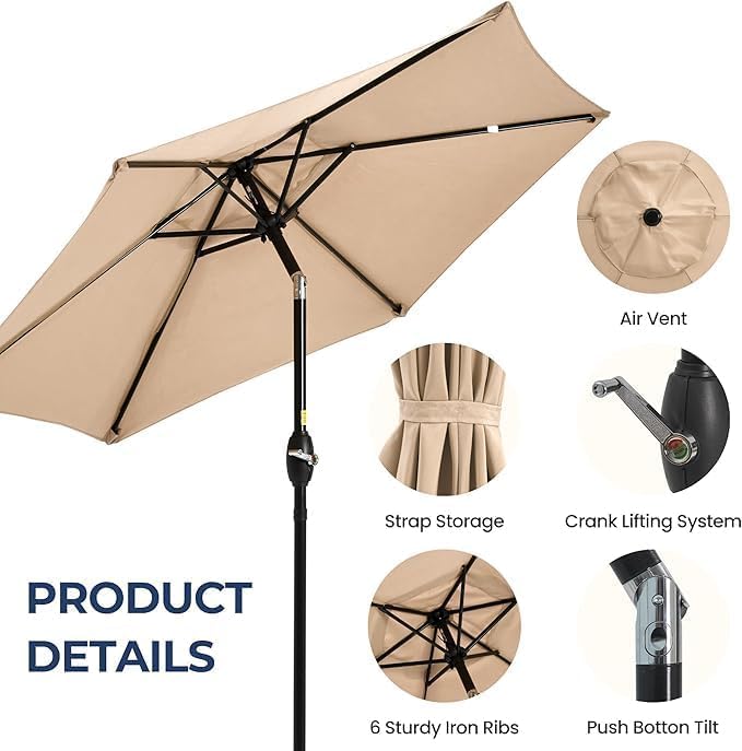 Wisteria Lane Outdoor Patio Umbrella, 7.5' Patio Umbrella, Market Umbrella, Large Outdoor Umbrella, Metal Pole Umbrella with Push Button Tilt and Crank, Polyester Canopy