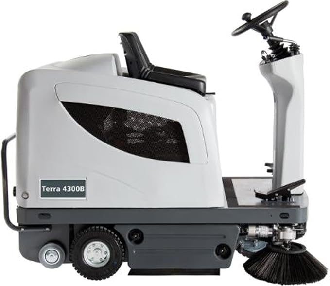 Advance 56100785 Terra 4300B Compact Ride-on Sweeper with Four 305 Ah Wet Batteries, 0.8 hp Drive Motor, 46" Sweep Path, 60720 sq ft/hr Max. Theoretical Productivity, 63.8 dBA Sound Pressure Level