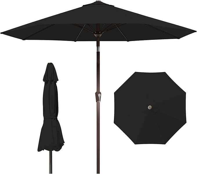 9ft Patio Umbrella with Push Button Tilt and Crank,Outdoor Market Table Umbrella UV Protection 8 Sturdy Ribs for Backyard,Garden,Pool,Deck(Black)