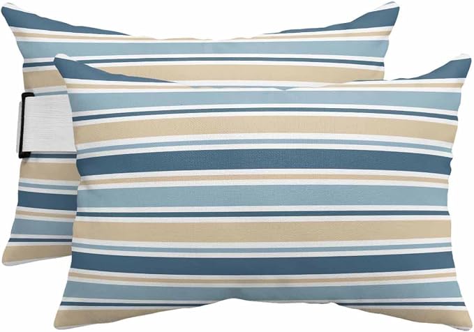 Pack of 4 Outdoor Lumbar Pillow Covers 12x20 Inch, Khaki Blue Striped Waterproof Throw Pillow Covers Set, Farmhouse Stripes Modern Abstract Art Outside Decorative Cushion Cases for Patio Porch Car
