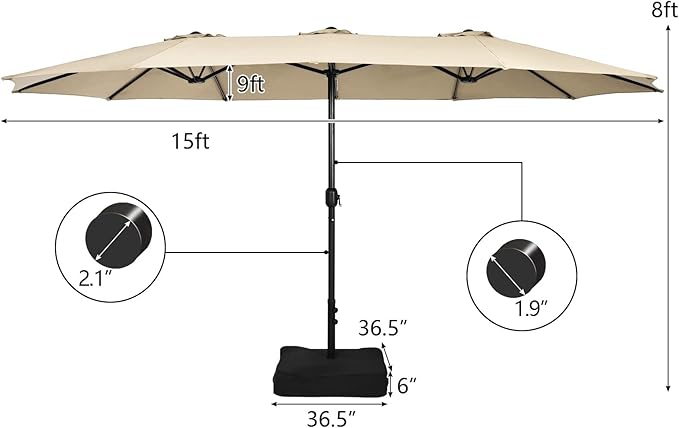 Tangkula 15FT Double-Sided Patio Umbrella with Base, Extra-Large Market Umbrella W/Crank System, Outdoor Twin Umbrella W/ 12-Rib Metal Structure & Air Vents for Garden, Backyard, Poolside (Beige)