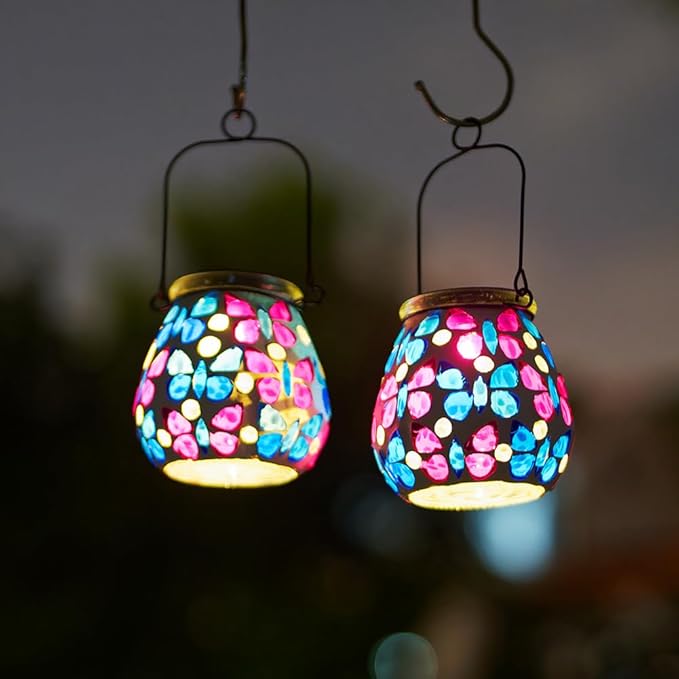 Stargarden 2 Pack Mosaic Solar Lanterns, Glass Hanging Lantern Waterproof Outdoor Hanging Solar Lights Butterfly Decorative Lantern for Garden ,Patio,Yard Decor