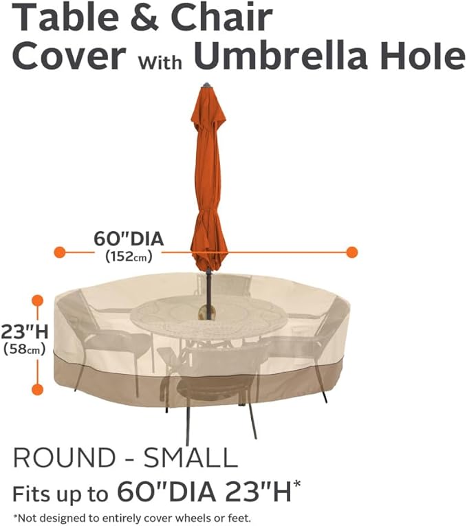 Classic Accessories Veranda Water-Resistant 60 Inch Round Patio Table & Chair Set Cover with Umbrella Hole, Pebble, Outdoor Table Cover