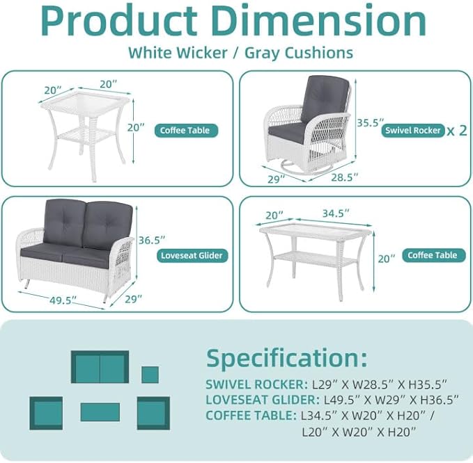 MEETWARM 5 Pieces Outdoor Patio Rattan Furniture Sets, All Weather Patio Wicker Conversation Set - 2 Rocking Swivel Chairs 1 Rattan Loveseat Glider with Cushions, 2 Coffee Table, White Wicker/Grey