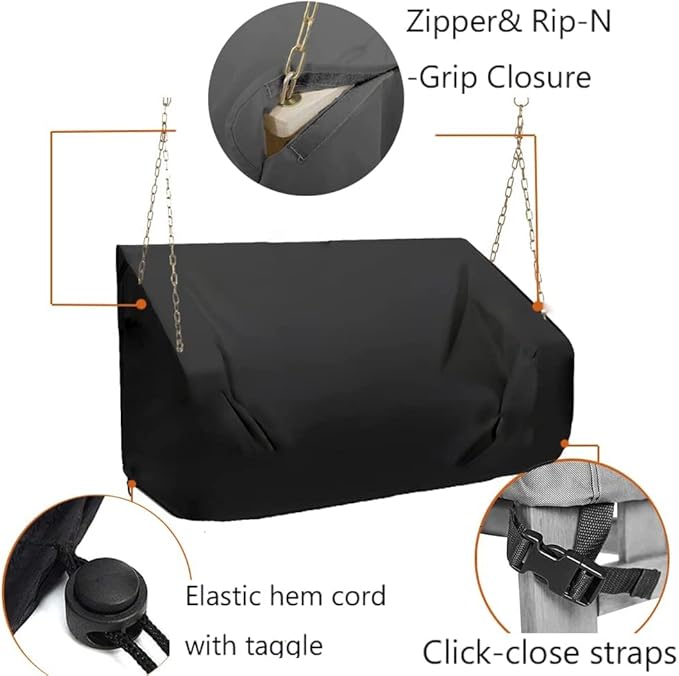 Porch Swing Cover 61Inch Waterproof 600D Oxford Hanging Outdoor Swing Cover Garden Hammock Patio Furniture Covers (Black, 61x28x(35-28) Inch)