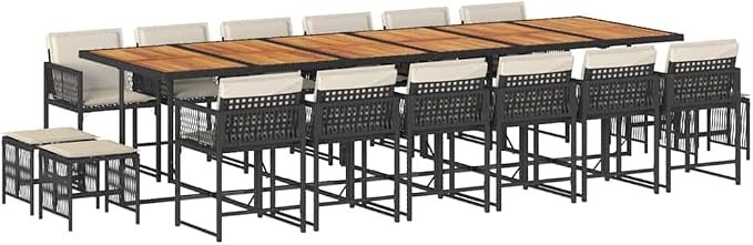 17-Piece Outdoor Dining Set, 16-Seater Patio Furniture with Acacia Wood Table and PE Rattan Chairs, Black and Cream White Garden Seating for Large Gatherings