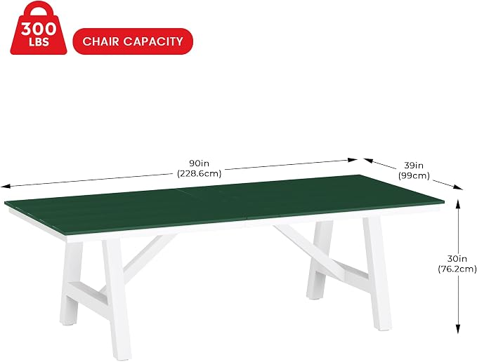 Costaelm Rectangle Patio Table, 8-Person Backyard Table 90" HDPE Dining Table with Umbrella Hole and Metal Frame for Outside, Garden, Poolside, Deck, Porch, Balcony, Dark Green