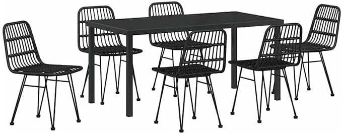 Afuera Living 7 Piece Poly Rattan Garden Dining Set, Black Finish, Rectangular UV-Resistant Design, Powder-Coated Steel Frame, Seats 6, Weather-Resistant Outdoor Patio or Garden Furniture for Dining