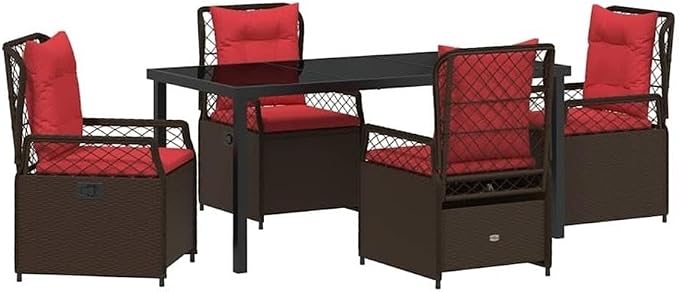 Afuera Living 5 Piece Poly Rattan Garden Dining Set, Brown Finish, Weather-Resistant Material with Glass Tabletop, Foam-Padded Chairs, Adjustable Backrest, Powder-Coated Frame, Outdoor Patio or