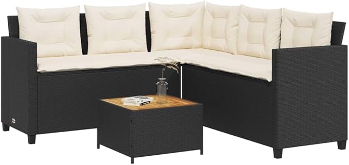 Patio Sofa with Table and Cushions, Outdoor Dining Sets Porch Furniture Set Patio Conversation Set Front Porch Furniture for Poolside Garden Exhibition L-Shaped Black Poly Rattan