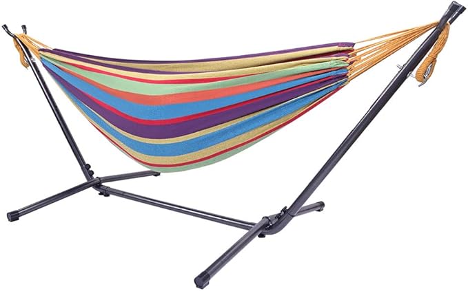 Double Hammock with Space Saving Steel Stand,2 People Standing Hammocks with Portable Carrying Bag,Easy Assembly,330lb Capacity,Perfect for Indoor,Yard,Camping,Garden (Colorful)