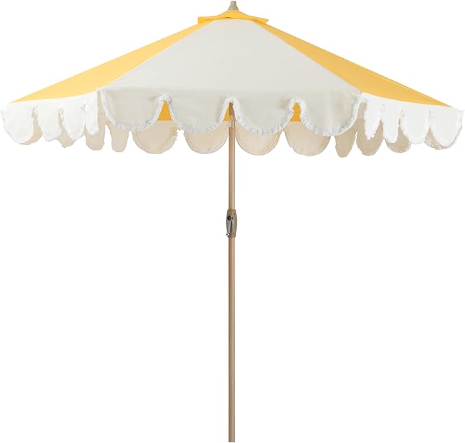 Tempera 9ft Scalloped Patio Umbrellas with Fringe, Market Umbrellas with Water-Resistant and Fade Resistant Canopy, 1.5" Wood Pole & Button Tilt.