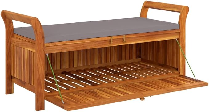 Wooden Outdoor Patio Storage Bench Large Deck Box with Brown Cushion 49.6"x19.7"x23.6" Solid Wood Acacia Storage Box Deck Box with Seat for Garden, Balcony, Porch, Pool,Yard