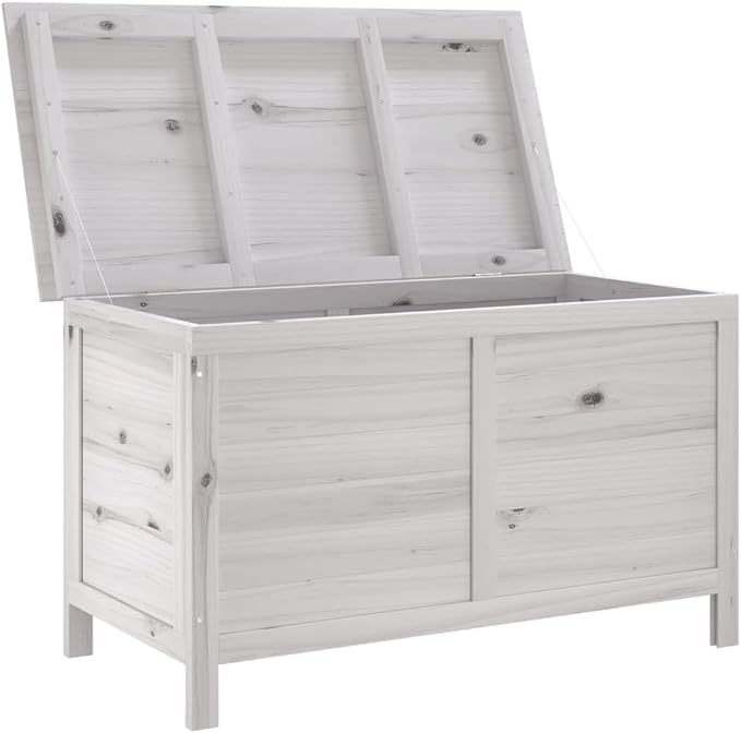 White Solid Fir Wood Garden Storage Box 39 x 39 x 23 Inch Outdoor Deck Box with Slatted Bottom and Flap Closure for Patio, Poolside, Backyard Storage