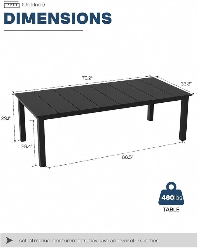 75.2" HDPE Outdoor Dining Table for 4-6 People, Rectangular Patio Dining Table with Umbrella Hole, All Weather Patio Dining Outdoor Table for Deck, Backyard and Garden, Black