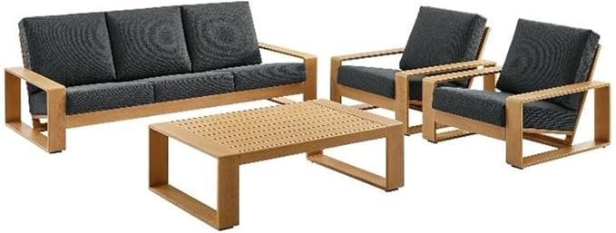 Modway Lirienne Aluminum Faux Wood 4-Piece Outdoor Furniture Set in Charcoal Natural – Patio Conversation Set with 3-Seater Sofa, 2 Armchairs & Coffee Table