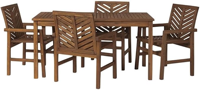 Walker Edison 4 Person Outdoor Wood Chevron Patio Furniture Dining Set Table Chairs All Weather Backyard Conversation Garden Poolside Balcony, 5 Piece, Dark Brown