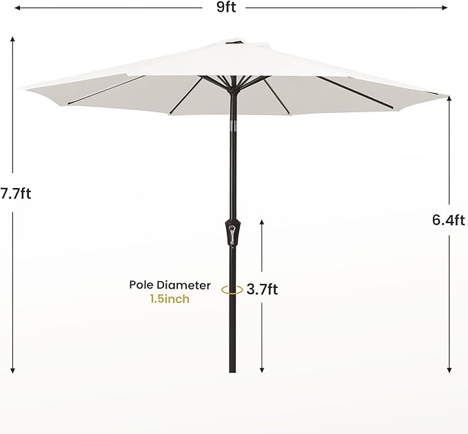 MEWAY 9ft Patio Umbrella Outdoor Table Umbrellas with Push Button Tilt and Crank, Market Umbrella 8 Sturdy Ribs for Deck, Garden, Pool and Backyard, Creamy-white