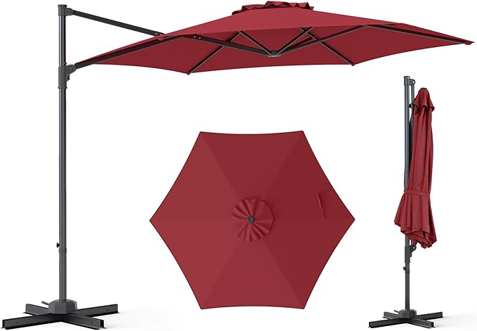 Tangkula 10FT Patio Umbrella, Offset Cantilever Outdoor Umbrella with 360 Degree Rotation, Air Vent, Cross Base for Pool Deck Garden Backyard (Wine)