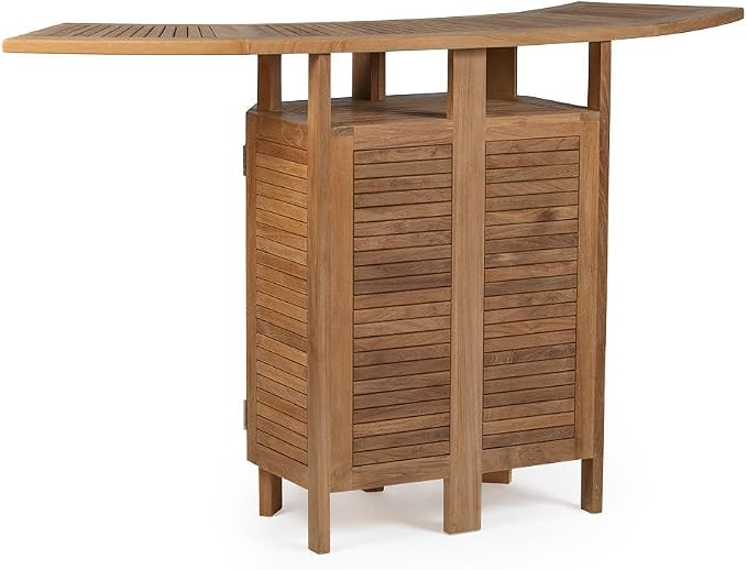 Ash & Ember Acadia Grade A Teak Folding Bar Table, Two Tier Cabinet with Folding Panels, Indoor Outdoor Solid Wood Patio Furniture, Tightly Spaced Slats, Weather Resistant Bar Furniture
