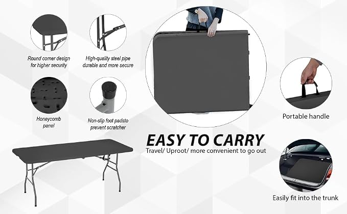 Folding Table 6FT Portable Plastic Camping Table Foldable Table Light Weight Plastic Dining Table Indoor Outdoor for Camping, Picnic BBQ Kitchen Wedding and Party,（Black） 71''L x 29 ''Wx 29''H