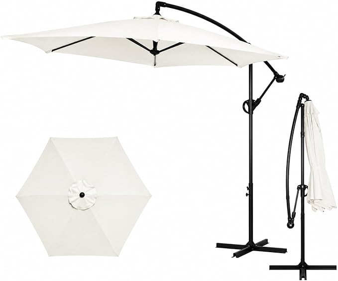 JAMFLY Large 9FT Offset Patio Umbrella with Cantilever Crank & Infinite Tilt, Heavy Duty Outdoor Hanging Umbrella with Cross Base for Backyard, Deck, Poolside