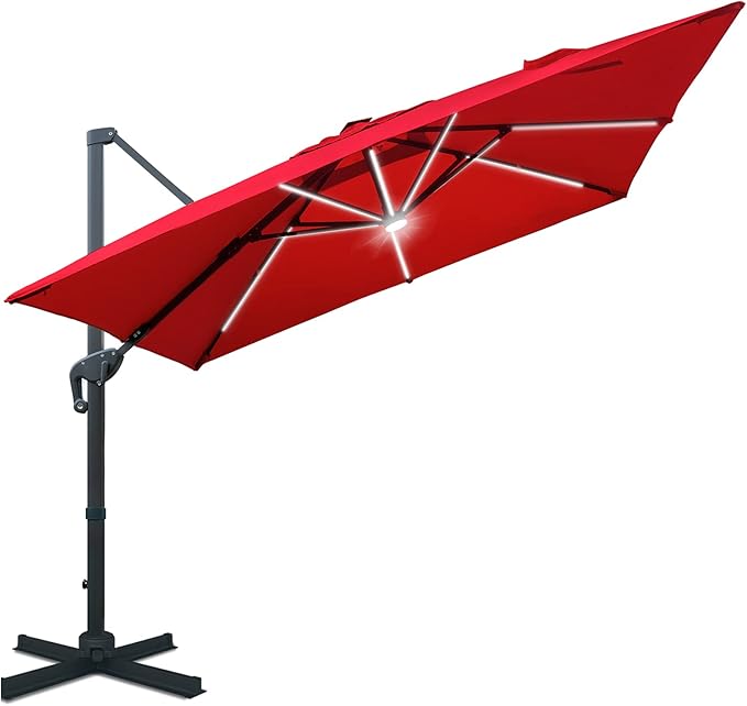 Sunnyglade 10x10ft Solar Powered LED Cantilever Patio Umbrella Square Deluxe Offset Umbrella 360°Rotation & Integrated Tilting System & LED lights for Market Garden Deck Pool Backyard Patio