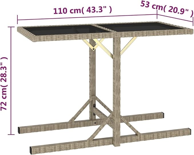 Poly Rattan Patio Table with Glass Top, Outdoor Side Table for Garden Bistro Balcony, Weather Resistant Beige Bistro Table 43.3 x 20.9 x 28.3 inches
