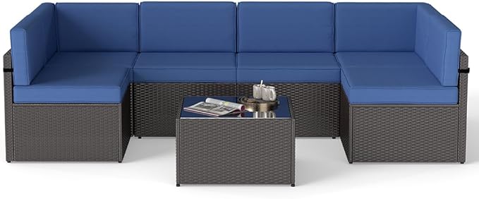 FIZZEEY 7 PCs Outdoor Patio Furniture PE Wicker Rattan Sectional Conversation Sofa Set, Dark Blue