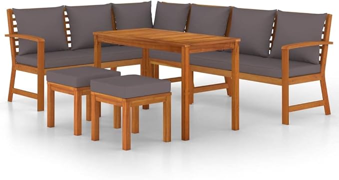 7 Piece Patio Dining Set with Cushions, Solid Acacia Wood Outdoor Garden Furniture with Thick Padded Seats, Rustic Brown Terrace Sofa and Table Set