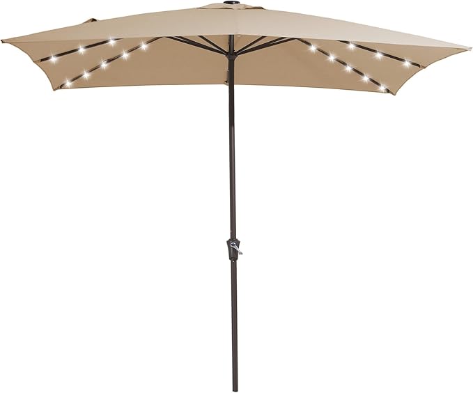 JEAREY 8x10 ft Rectangular LED Lighted Patio Umbrellas Outdoor Solar Table Market Umbrella w/Crank, 8 Sturdy Ribs, UV Protection Waterproof Sunproof(Beige)