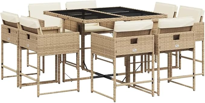 9 Piece Patio Dining Set with Cushions Beige Poly Rattan Outdoor Garden Furniture Table and 8 Folding Chairs with Cream White Cushions