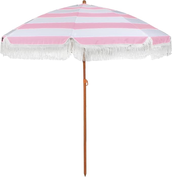 6 Ft Fringe Patio Umbrella - Outdoor Umbrella for Patio, Pool, Table, Garden, Deck, Beach, and Outdoors - Fashionable Boho Vintage Tassels & Wood Print - Push Button Tilt Pole