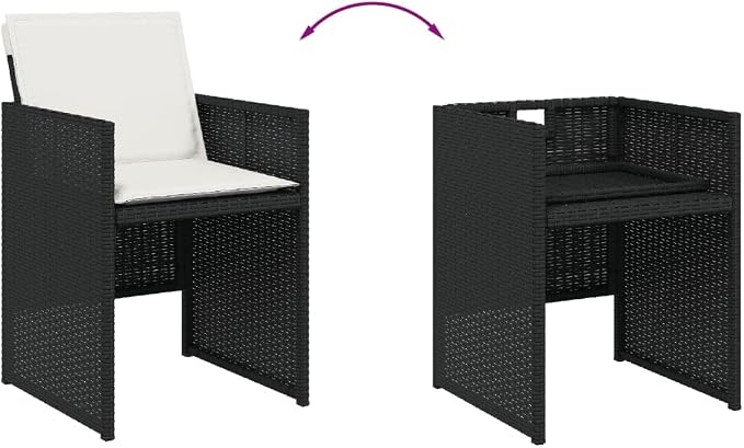 11 Piece Patio Dining Set with Cushions Black Poly Rattan Outdoor Furniture Table and 6 Chairs Tempered Glass Top Foldable Seats for Garden Backyard