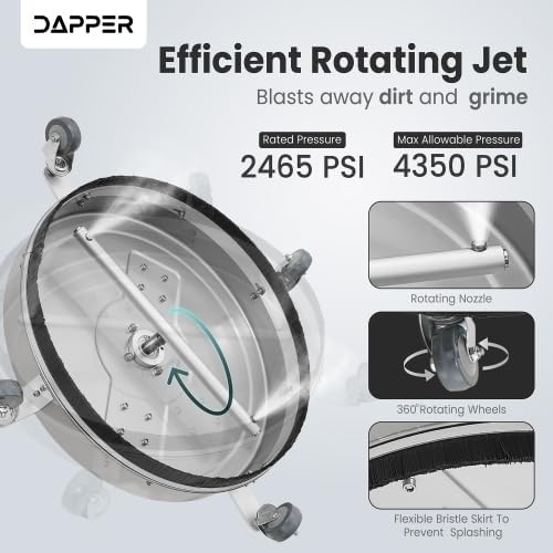 Dapper Supply 20 in. Pressure Washer Surface Cleaner in Stainless Steel w/Handles & Wheels, 4350 Max PSI, 3/8" Connector & 2 Adapters Ideal for Driveways, Sidewalks, Patios, Decks