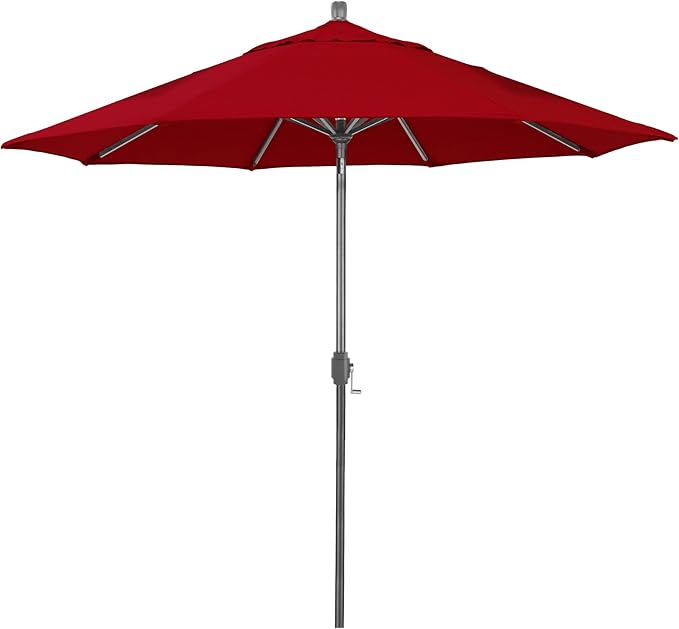 California Umbrella 12-Year-Non-Fading, 9Ft Premium Sunbrella Patio Umbrella, Hand-Crank, Button-Tilt, Gray Frame, Jockey Red Fabric