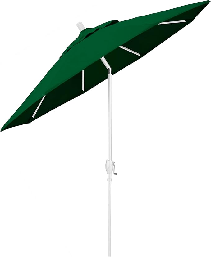 California Umbrella 9' Round Aluminum Market Umbrella, Crank Lift, Push Button Tilt, White Pole, Hunter Green Olefin