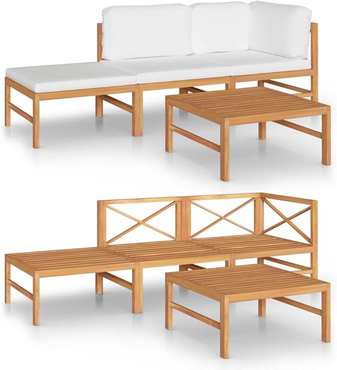 Backyard Furniture Patio Conversation Sets Outdoor Seating 4 Piece Patio Lounge Set with Cream Cushions Solid Teak Wood Suitable for Swimming Pool, Courtyard, Garden