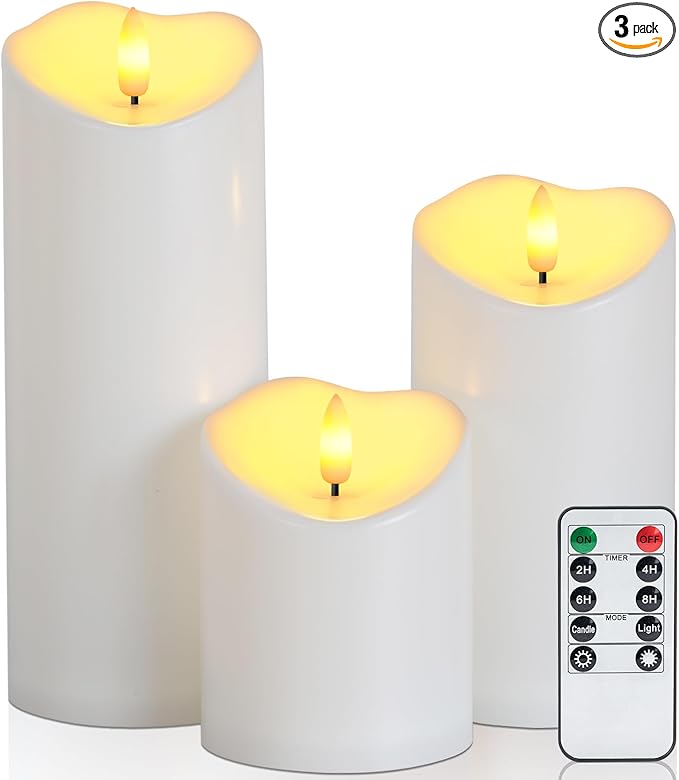 Raycare 3"x4"6" 8" Outdoor Waterproof Flameless Candles, Battery Operated LED Candles with Remote Control and Timer, Electric Fake Plastic Pillar Candles, Ivory White, Set of 3